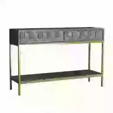 Grey Wash Mango Wood Console Table with Drawers, Shelf and Gold Legs